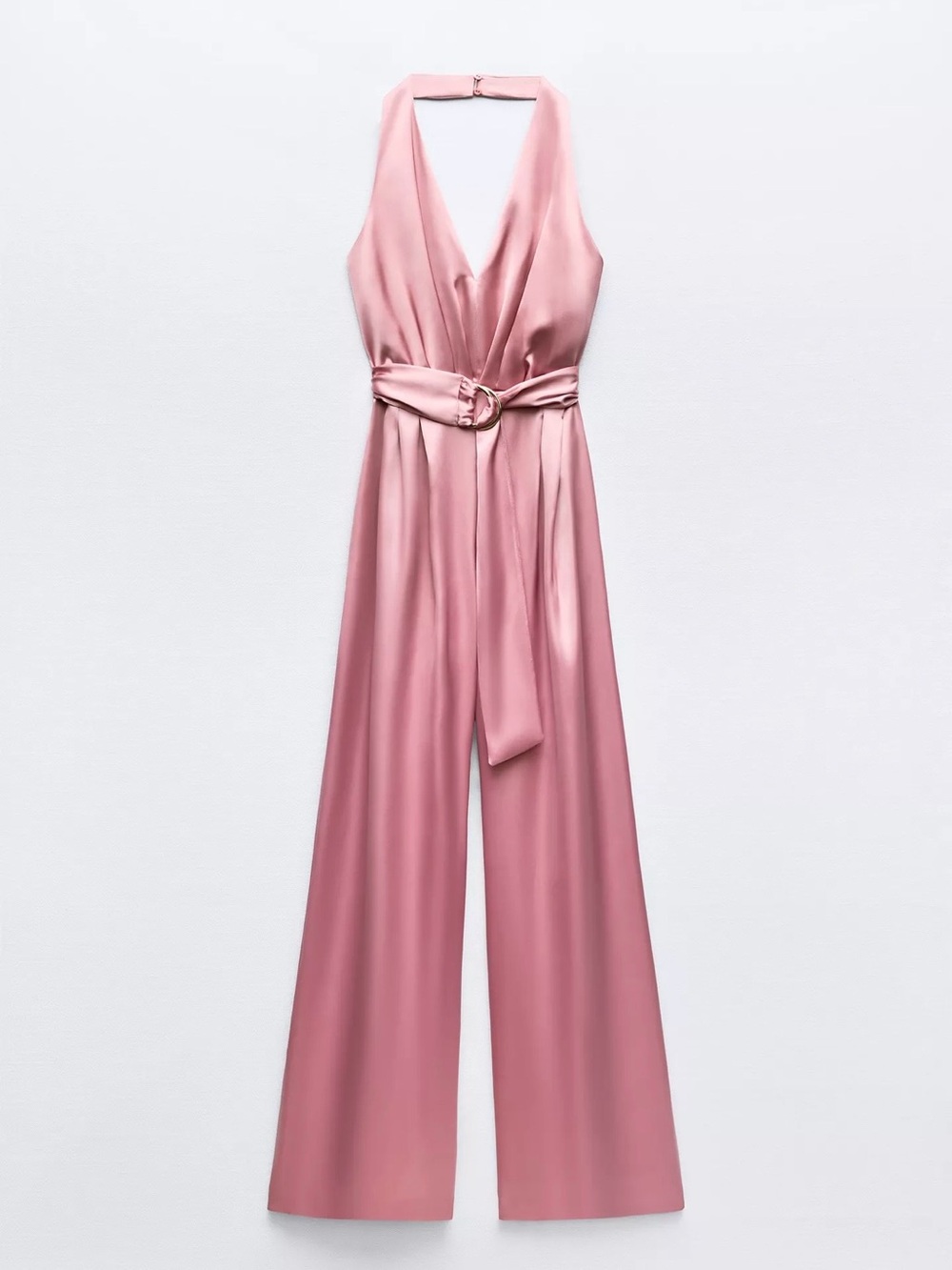 Zara Rose Pink Satin Halter V-Neck Jumpsuit with Belt